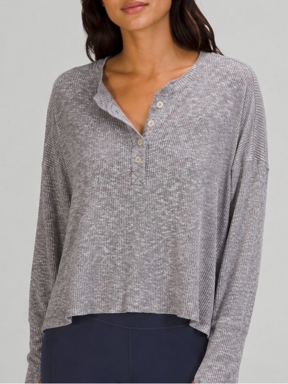 American Eagle Gray Ribbed Henley Long Sleeve Top - Small (fits oversized)